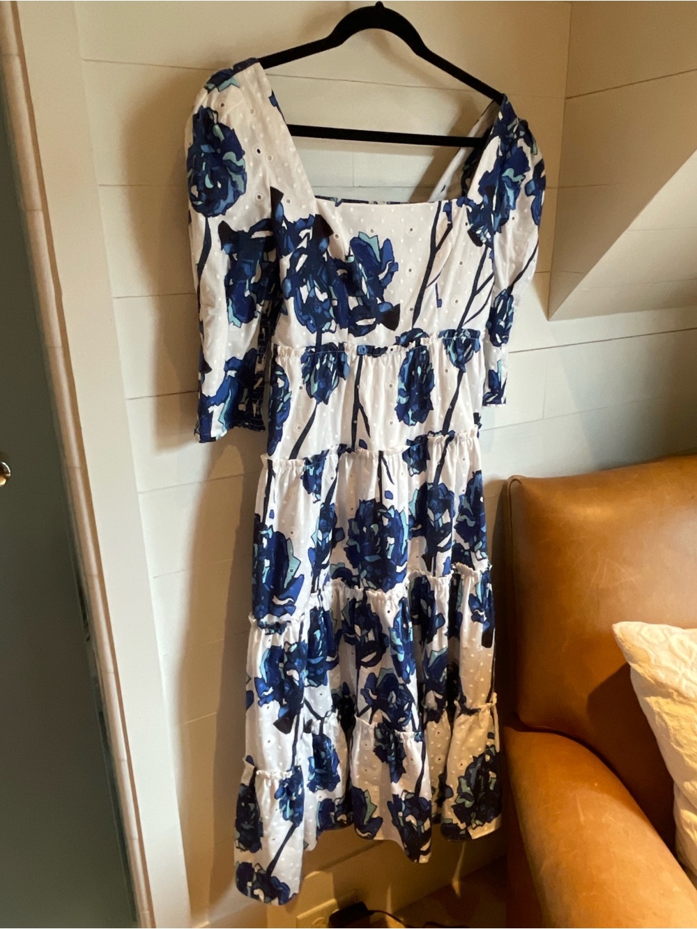 Diane Von Furstenberg White Midi Dress with Blue Floral Motif
